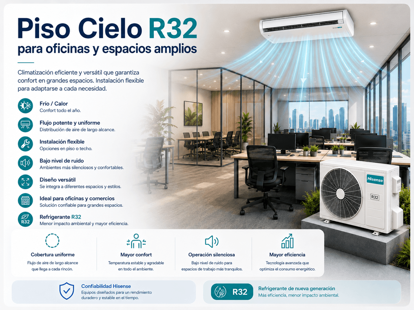 Equipo Piso Cielo R32 para oficinas y espacios amplios